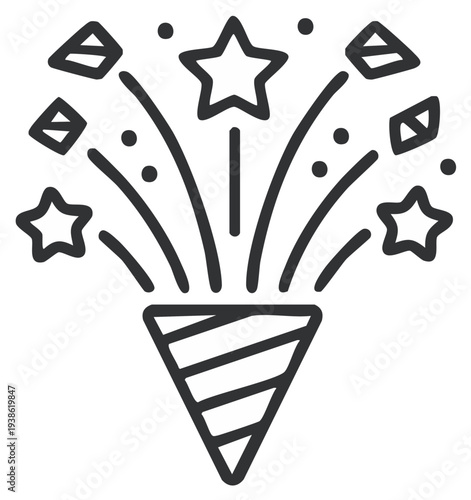 Party popper exploding with confetti and stars simple line art icon for celebration