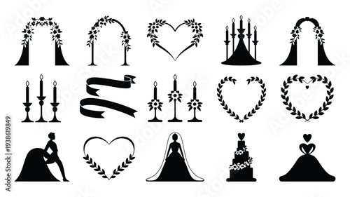 Wedding icons and silhouettes collection for design featuring brides grooms hearts and floral elements on white background