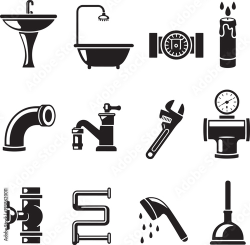 Plumbing Tools and Bathroom Fixtures Icon Set for Repair and Maintenance