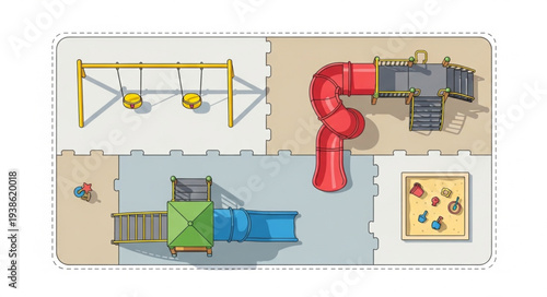 Aerial view of a colorful childrens playground equipment.