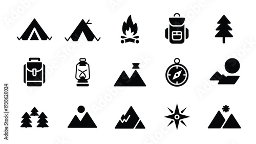 Camping and outdoor icons black silhouettes on white background adventure symbols travel and nature exploration elements