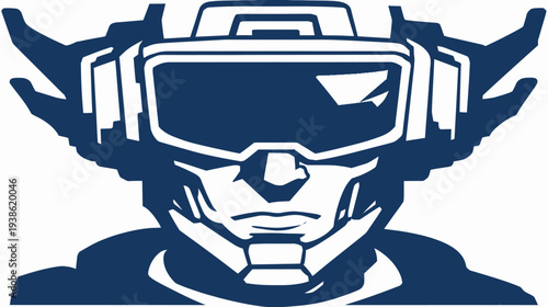 A stylized robotic face is depicted in two colors. The design emphasizes angular shapes, lines, and solid masses