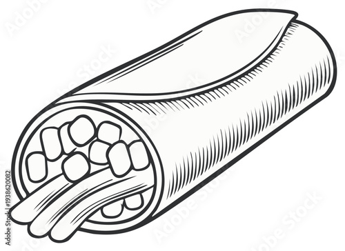 Hand-drawn illustration of a filled burrito showcasing its ingredients and tortilla wrap