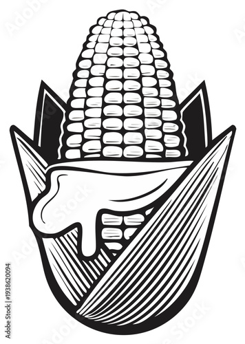 Black and white illustration of an ear of corn with melted butter in art style.