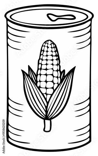 Cartoon drawing of a can of corn with an ear of corn in the center.