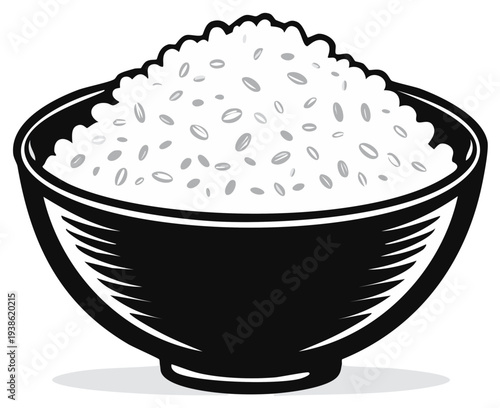 Illustration of Rice in a Black Bowl. Food Concept. Simple Design for Restaurant or Asian Grocery Menu.  Healthy Eating. Full of Carbohydrates.