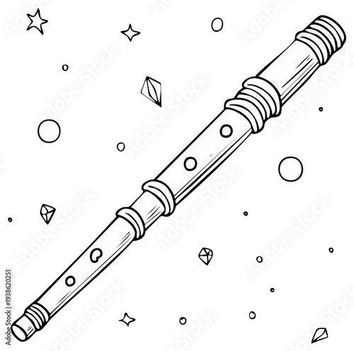 Whimsical Outline Drawing of a Recorder Flute with Stars and Gemstones