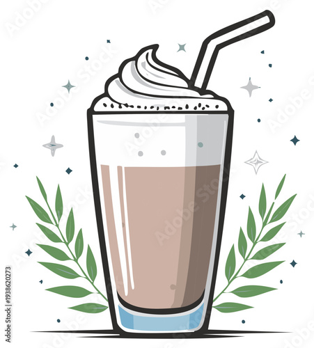 Delicious Chocolate Milkshake with Whipped Cream and Straw Amidst Festive Stars and Leaves