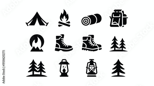 Camping icons set including tent fire hiking boots trees lantern and backpack on white background