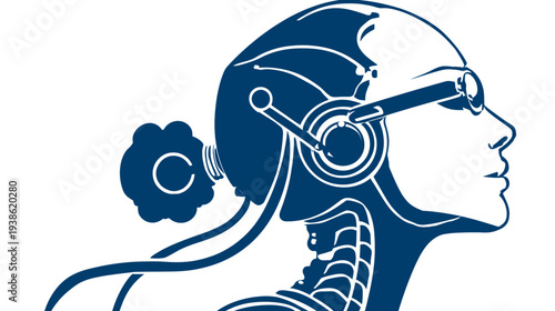Stylized side profile depicts a human head with technological elements, blue on white