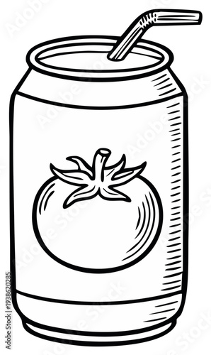 Illustrated tomato juice can with straw, vintage hand-drawn style