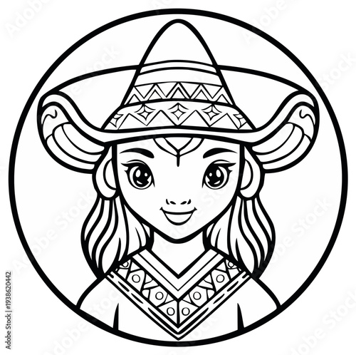 Joyful Child Wearing a Traditional Sombrero and Poncho in a Circular Frame