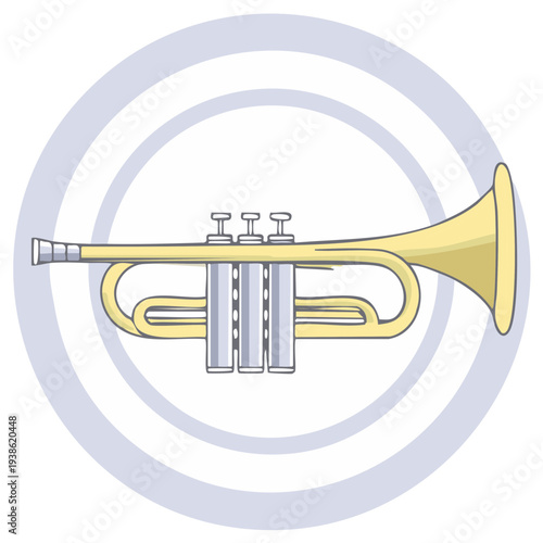 Cartoon illustration of a yellow trumpet against a background of concentric circles.