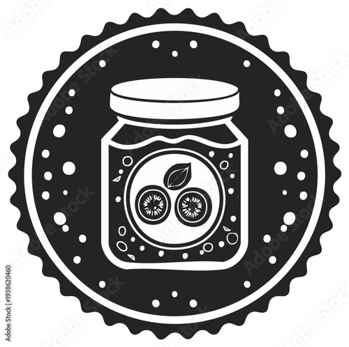 Black and white graphic of a jar filled with sliced kiwis and a sprig of mint surrounded by small dots