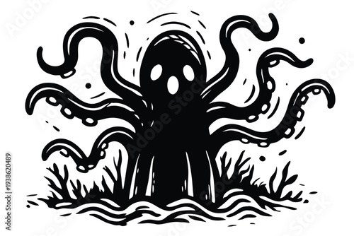Eerie Alien Tentacle Monster Silhouette on White Background, Vector Art