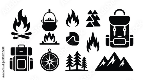 Camping icons set with outdoor adventure symbols and travel elements on white background