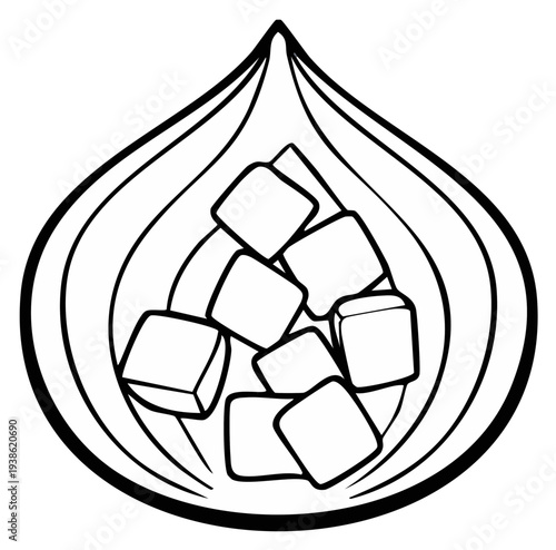 Hand-drawn illustration of cubed sugar in a bowl, representing sweetness and baking ingredients