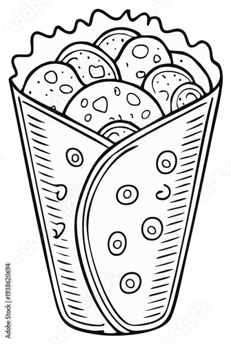 Hand-Drawn Wrap Sandwich with Meat and Vegetables in Outline Style