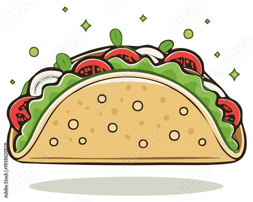 Delicious cartoon taco overflowing with fresh vegetables and tasty fillings in a wrap, a vibrant and colorful meal concept