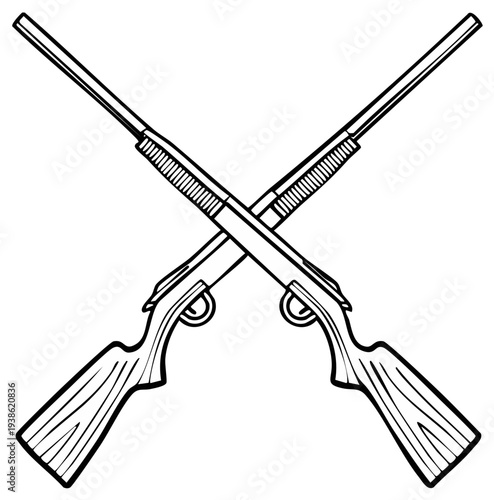 Two crossed hunting shotguns in a simple line art illustration style
