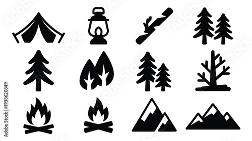 Camping icons set with tent trees campfire lantern mountains and outdoor adventure symbols in flat design style