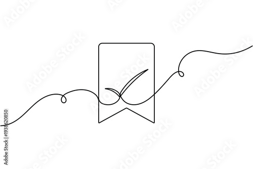 Approval bookmark with checkmark sign icon continuous one line art drawing on white background minimal tick mark saved symbol outline vector illustration
