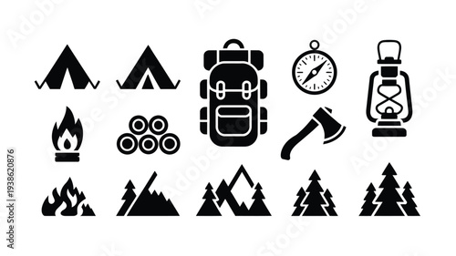 Camping icons set with mountains tent backpack fire axe lantern and trees for outdoor adventure and wilderness exploration