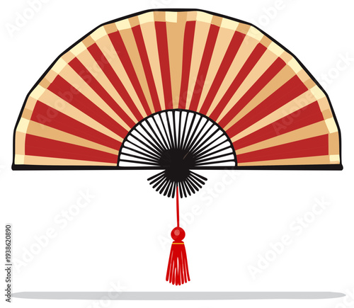 Traditional Red and Beige Folding Fan with Tassel Asian Cultural Accessory