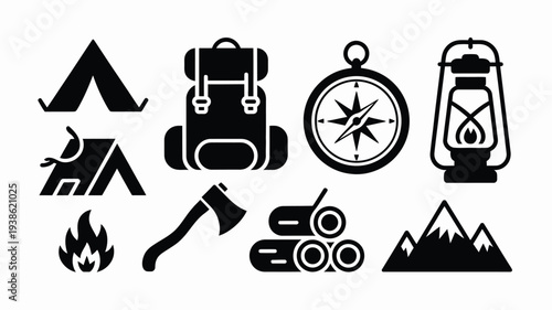 Camping icons set with mountains tent compass lantern backpack axe fire logs and peaks for outdoor adventure travel