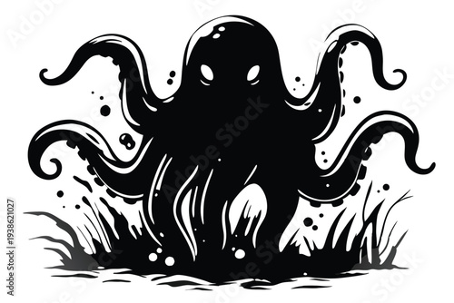 Spooky Alien Monster Tentacle Silhouette, Eerie Creature Vector