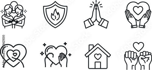 Icon set featuring hearts hands home prayer shield and gift symbolism and expression