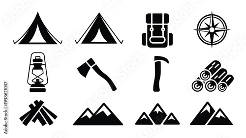 Camping icons set with tent compass axe and mountains on white background for outdoor adventure