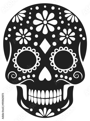 Elegant Black and White Sugar Skull Illustration for Day of the Dead Celebrations and Artistic Design