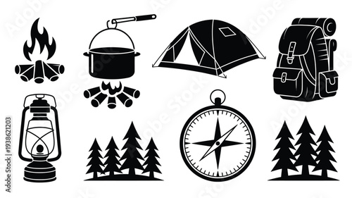 Camping icons set including tent compass backpack lantern and trees for outdoor adventure and travel designs