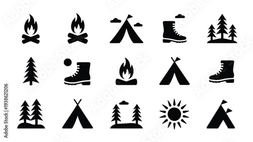Outdoor adventure logo silhouettes set with camping and hiking elements