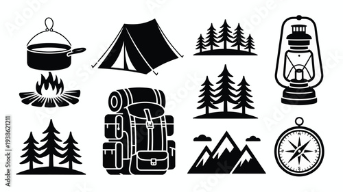 Camping icons set including tent lantern backpack compass and trees for outdoor adventure and travel