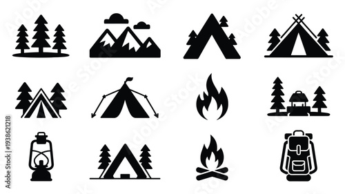 Set of camping icons including tents trees mountains campfire lantern and backpack black silhouettes on white background for outdoor and travel themes