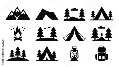 Camping icons set with tents mountains trees campfire and outdoor gear on white background for travel and adventure themes