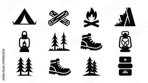 Camping icons set including tent campfire hiking boots lantern and trees for outdoor adventure and travel