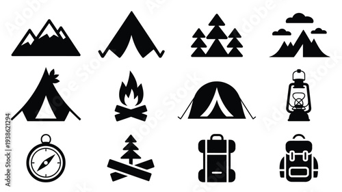Camping and outdoor adventure icons including mountains tents campfire and hiking gear on white background