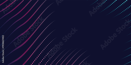 Futuristic abstract background featuring a flowing wave of vibrant pink and cyan neon light dots. vector modern