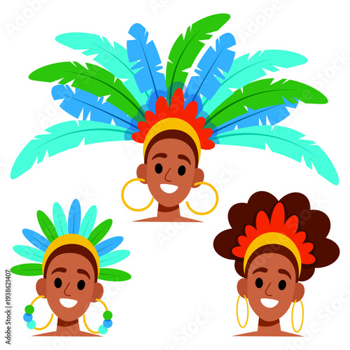 Smiling Brasilian Women Wearing Colorful Feathered Carnival Headdresses