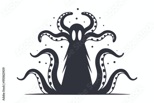 Abstract silhouette of a multi-tentacled alien creature against a plain white backdrop
