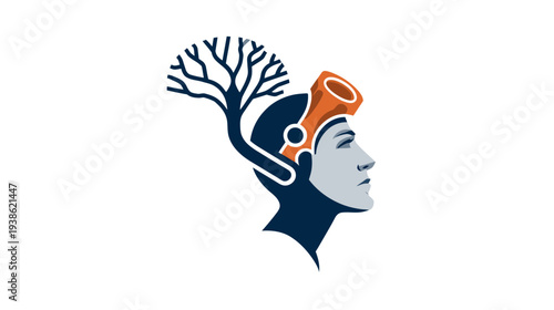 A stylized profile of a person with a tree incorporated into the headgear, in a minimalist aesthetic