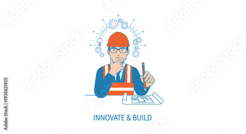 Vector illustration of engineer or architect with 'INNOVATE & BUILD' text
