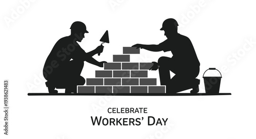 Vector illustration of two workers building bricks, Workers' Day