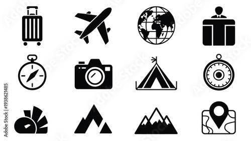 Travel and adventure icons set including luggage airplane globe gift stopwatch camera tent compass map mountains and more on white background