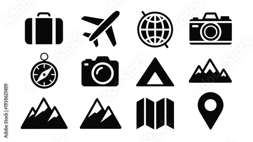 Travel and adventure icons set with mountains camera compass and airplane on white background
