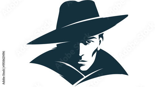 A shadowed figure wearing a fedora, with focused eyes looking directly ahead