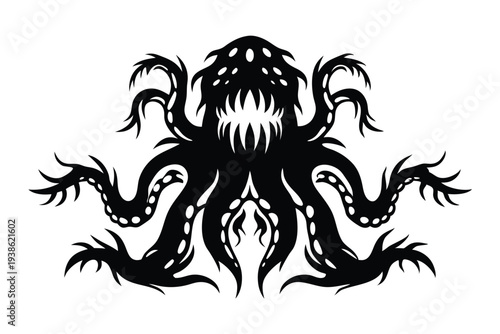 Dark silhouette of a fantasy alien creature with multiple flowing tentacles, vector